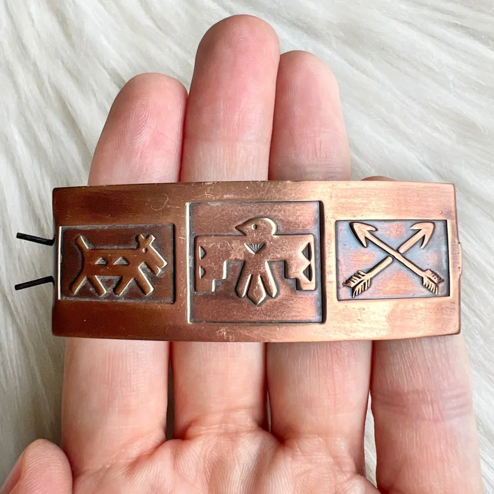 VINTAGE Solid Copper Southwestern Clip Barrette • Thunderbird Arrows Horse NWT
